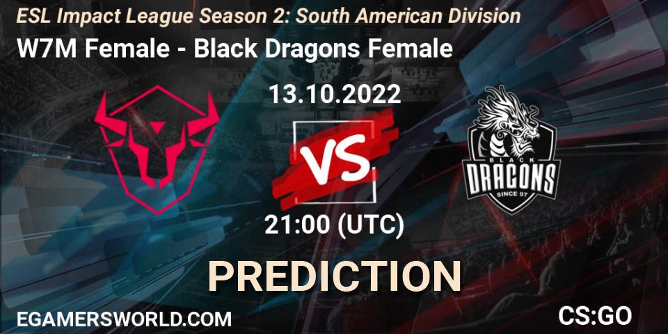 W7M Female contre Black Dragons Female : prédiction de match. 13.10.2022 at 21:00. Counter-Strike (CS2), ESL Impact League Season 2: South American Division