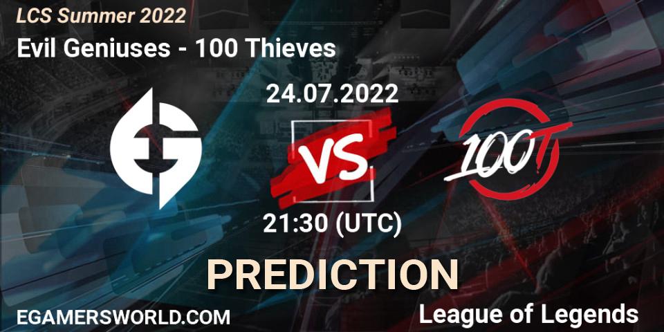 Evil Geniuses contre 100 Thieves : prédiction de match. 24.07.2022 at 21:30. LoL, LCS Summer 2022