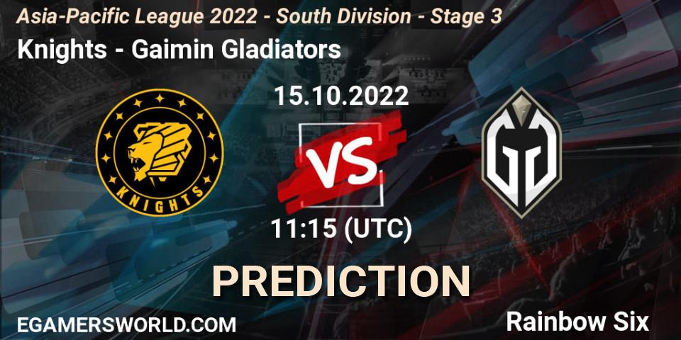 Knights contre Gaimin Gladiators : prédiction de match. 15.10.2022 at 11:15. Rainbow Six, Asia-Pacific League 2022 - South Division - Stage 3