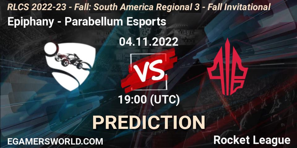 Epiphany contre Parabellum Esports : prédiction de match. 04.11.2022 at 19:00. Rocket League, RLCS 2022-23 - Fall: South America Regional 3 - Fall Invitational