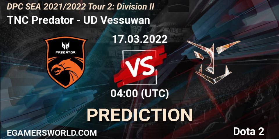 TNC Predator contre UD Vessuwan : prédiction de match. 21.03.2022 at 13:00. Dota 2, DPC 2021/2022 Tour 2: SEA Division II (Lower)