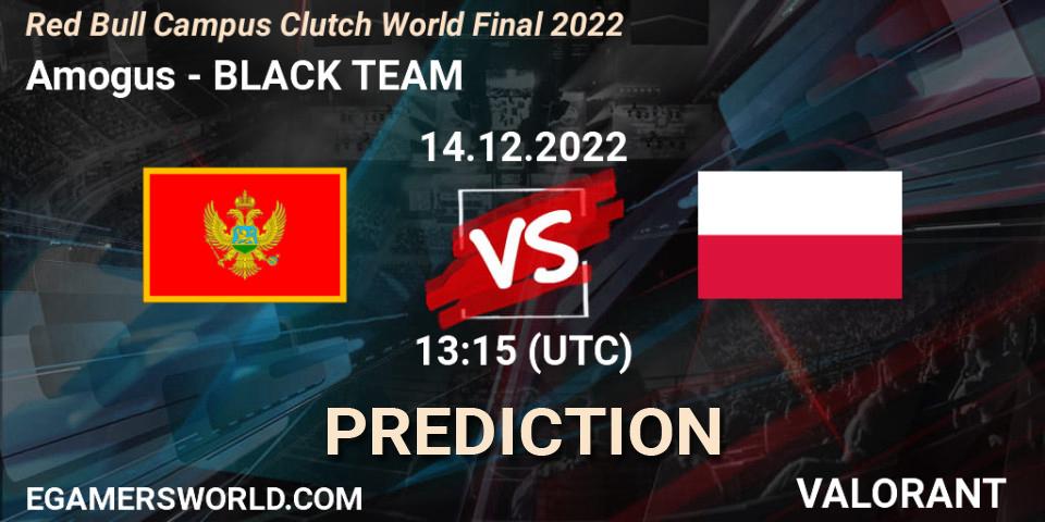 Amogus contre BLACK TEAM : prédiction de match. 14.12.2022 at 13:15. VALORANT, Red Bull Campus Clutch World Final 2022