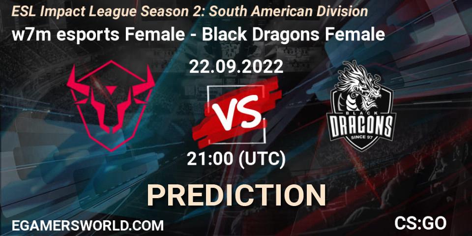 w7m esports Female contre Black Dragons Female : prédiction de match. 22.09.2022 at 21:00. Counter-Strike (CS2), ESL Impact League Season 2: South American Division