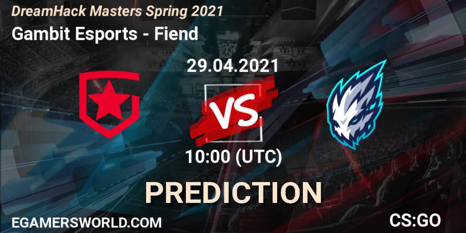 Gambit Esports contre Fiend : prédiction de match. 29.04.2021 at 10:00. Counter-Strike (CS2), DreamHack Masters Spring 2021