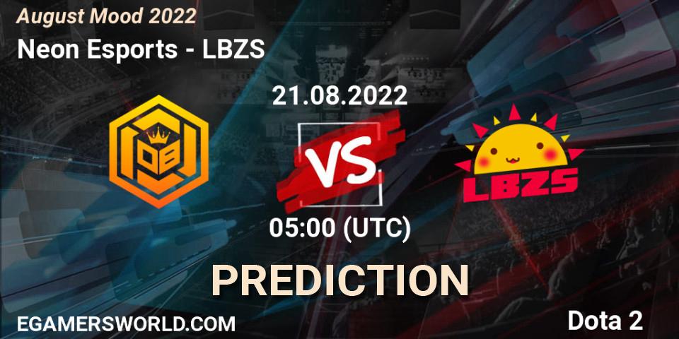 Neon Esports contre LBZS : prédiction de match. 21.08.2022 at 05:21. Dota 2, August Mood 2022
