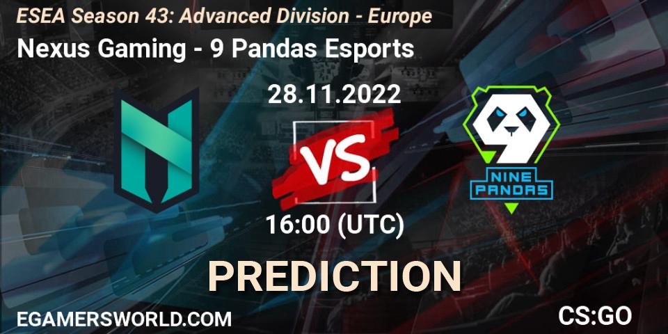 Nexus Gaming contre 9 Pandas Esports : prédiction de match. 01.12.22. CS2 (CS:GO), ESEA Season 43: Advanced Division - Europe