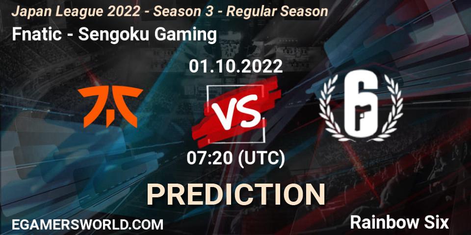 Fnatic contre Sengoku Gaming : prédiction de match. 01.10.2022 at 07:20. Rainbow Six, Japan League 2022 - Season 3 - Regular Season