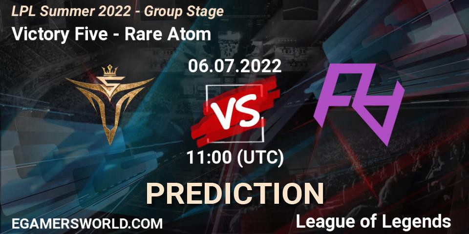 Victory Five contre Rare Atom : prédiction de match. 06.07.2022 at 11:40. LoL, LPL Summer 2022 - Group Stage