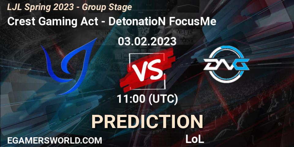 Crest Gaming Act contre DetonatioN FocusMe : prédiction de match. 03.02.2023 at 10:00. LoL, LJL Spring 2023 - Group Stage