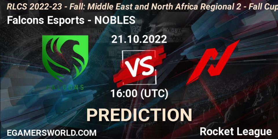Falcons Esports contre NOBLES : prédiction de match. 21.10.2022 at 16:00. Rocket League, RLCS 2022-23 - Fall: Middle East and North Africa Regional 2 - Fall Cup