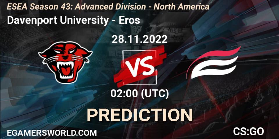 Davenport University contre Eros : prédiction de match. 28.11.22. CS2 (CS:GO), ESEA Season 43: Advanced Division - North America