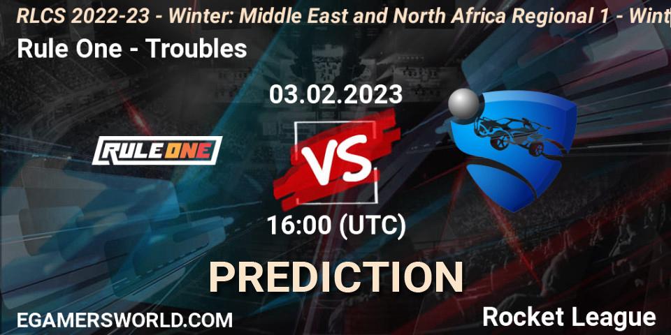 Rule One contre Troubles : prédiction de match. 03.02.2023 at 16:00. Rocket League, RLCS 2022-23 - Winter: Middle East and North Africa Regional 1 - Winter Open