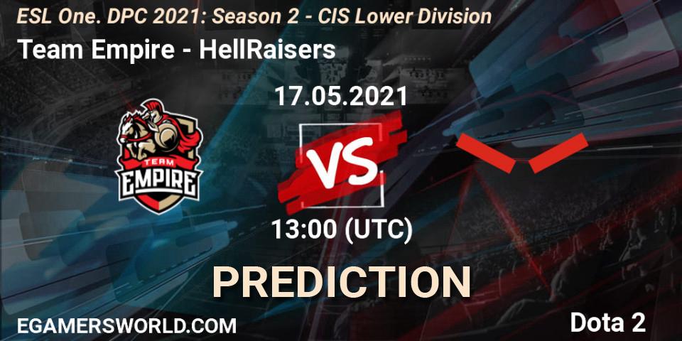 Team Empire contre HellRaisers : prédiction de match. 17.05.2021 at 12:55. Dota 2, ESL One. DPC 2021: Season 2 - CIS Lower Division