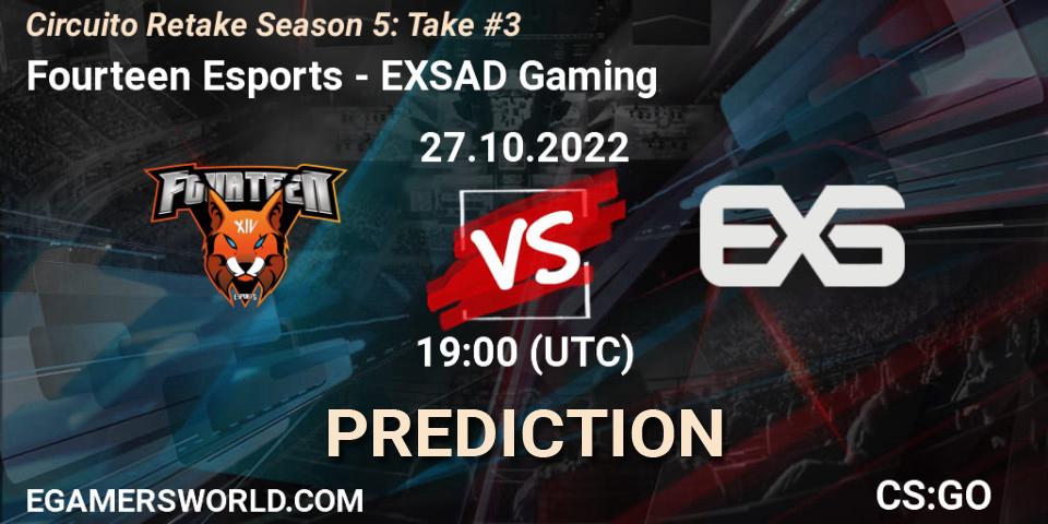 Fourteen Esports contre EXSAD Gaming : prédiction de match. 27.10.2022 at 19:00. Counter-Strike (CS2), Circuito Retake Season 5: Take #3