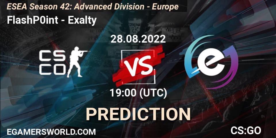 FlashP0int contre Exalty : prédiction de match. 28.08.2022 at 19:00. Counter-Strike (CS2), ESEA Season 42: Advanced Division - Europe