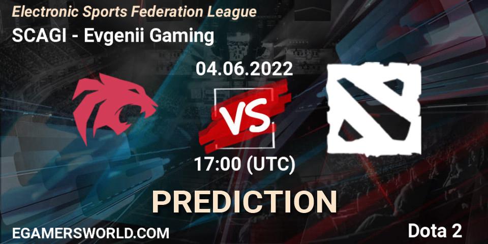 SCAGI contre Evgenii Gaming : prédiction de match. 04.06.2022 at 17:06. Dota 2, Electronic Sports Federation League