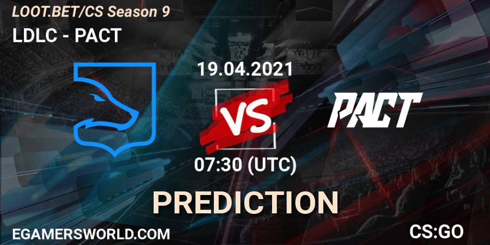 LDLC contre PACT : prédiction de match. 19.04.2021 at 07:30. Counter-Strike (CS2), LOOT.BET/CS Season 9