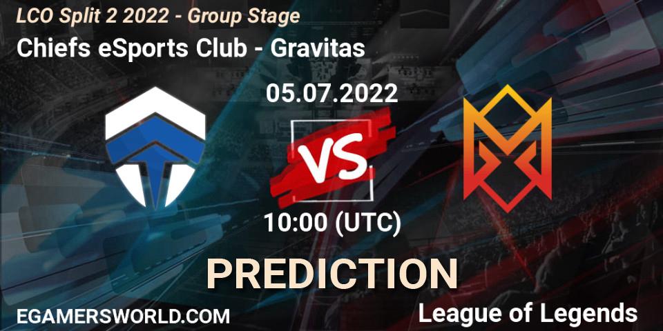 Chiefs eSports Club contre Gravitas : prédiction de match. 05.07.2022 at 10:00. LoL, LCO Split 2 2022 - Group Stage