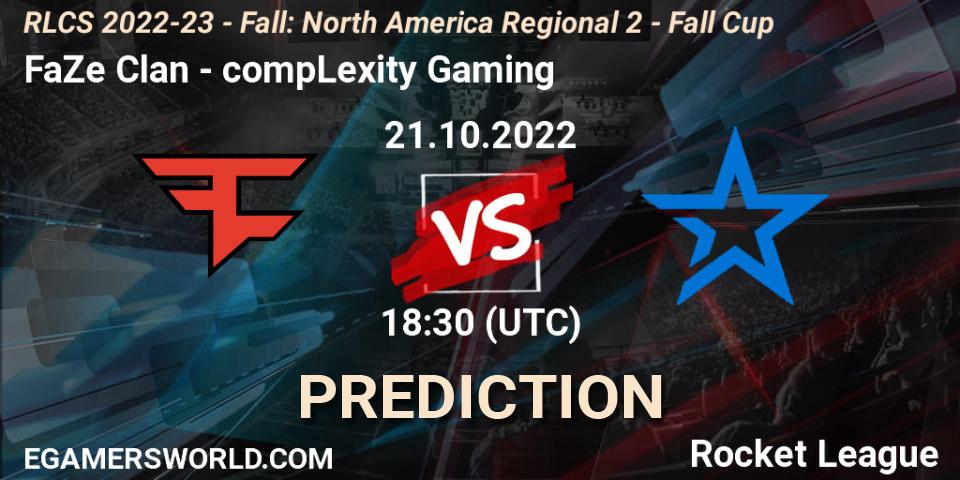 FaZe Clan contre compLexity Gaming : prédiction de match. 21.10.2022 at 18:30. Rocket League, RLCS 2022-23 - Fall: North America Regional 2 - Fall Cup