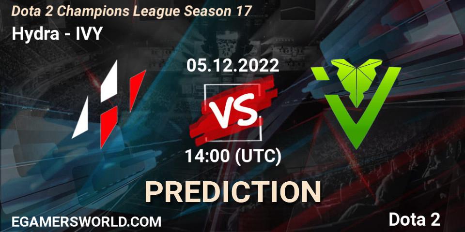 Hydra contre IVY : prédiction de match. 05.12.2022 at 14:00. Dota 2, Dota 2 Champions League Season 17