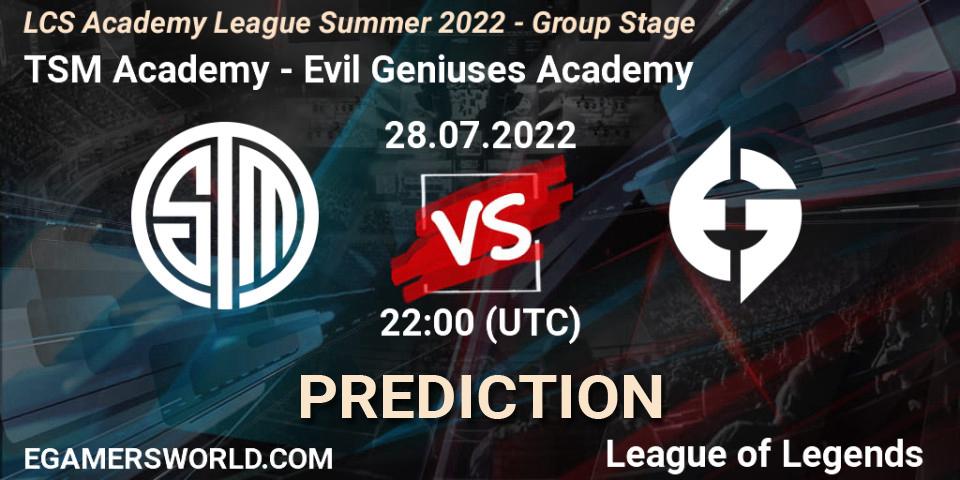 TSM Academy contre Evil Geniuses Academy : prédiction de match. 28.07.2022 at 22:00. LoL, LCS Academy League Summer 2022 - Group Stage