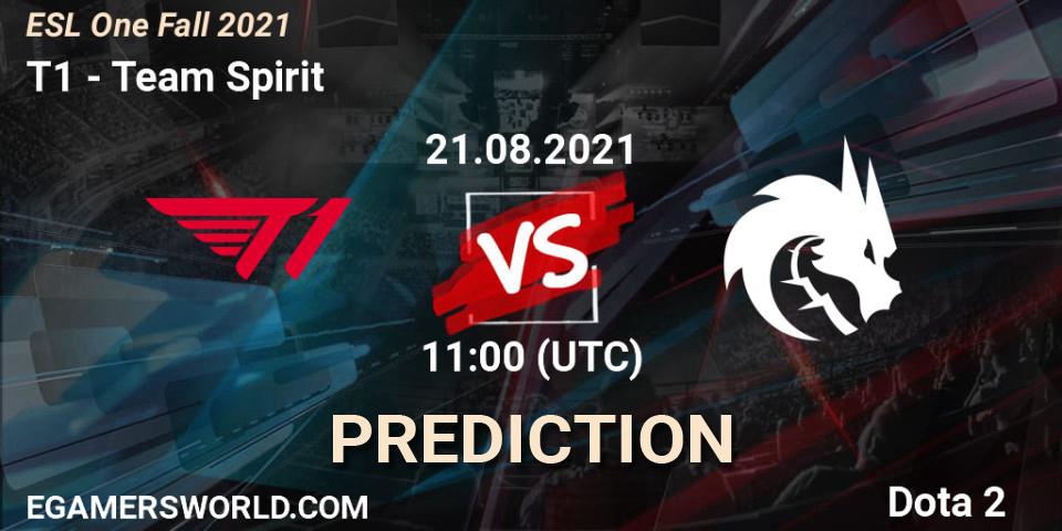 T1 contre Team Spirit : prédiction de match. 21.08.2021 at 11:45. Dota 2, ESL One Fall 2021