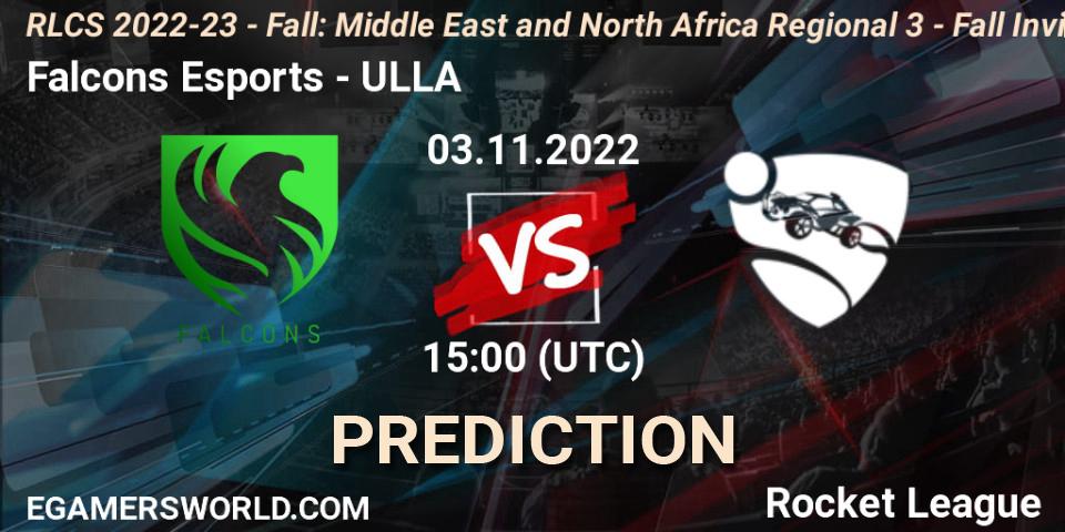 Falcons Esports contre ULLA : prédiction de match. 03.11.2022 at 15:00. Rocket League, RLCS 2022-23 - Fall: Middle East and North Africa Regional 3 - Fall Invitational