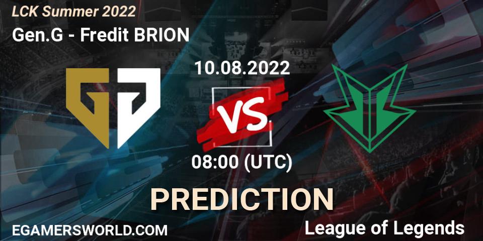 Gen.G contre Fredit BRION : prédiction de match. 10.08.2022 at 08:00. LoL, LCK Summer 2022