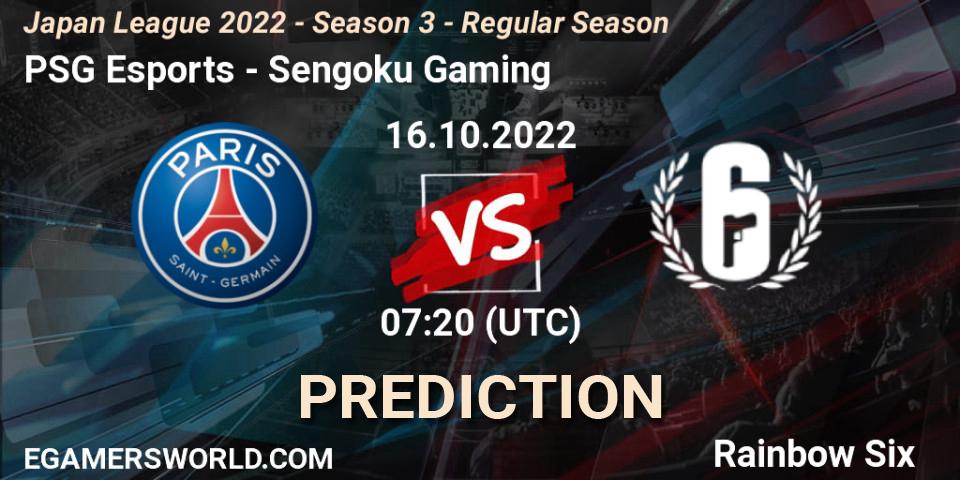 PSG Esports contre Sengoku Gaming : prédiction de match. 16.10.2022 at 07:20. Rainbow Six, Japan League 2022 - Season 3 - Regular Season
