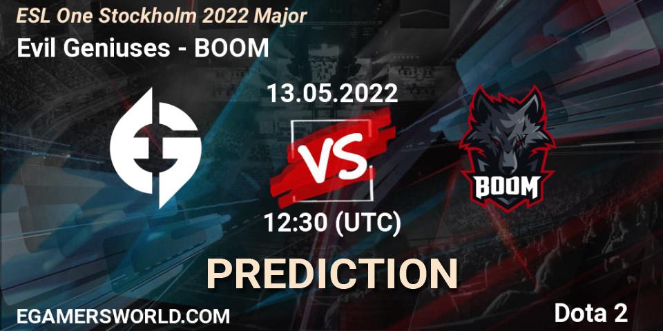 Evil Geniuses contre BOOM : prédiction de match. 13.05.2022 at 12:30. Dota 2, ESL One Stockholm 2022 Major