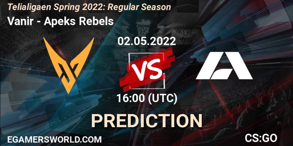 Vanir contre Apeks Rebels : prédiction de match. 02.05.2022 at 16:00. Counter-Strike (CS2), Telialigaen Spring 2022: Regular Season