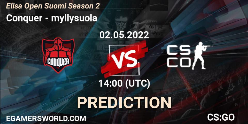Conquer contre myllysuola : prédiction de match. 02.05.2022 at 14:00. Counter-Strike (CS2), Elisa Open Suomi Season 2