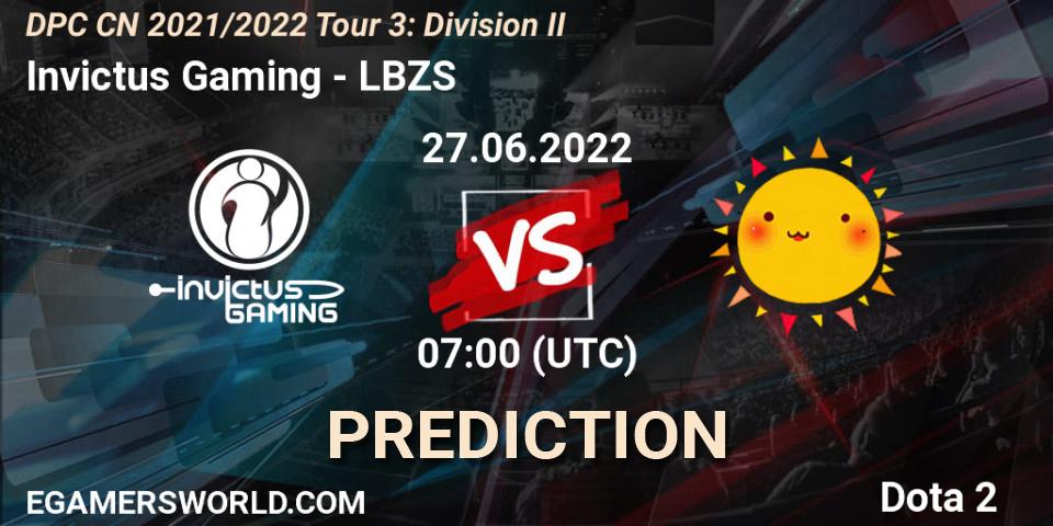 Invictus Gaming contre LBZS : prédiction de match. 27.06.2022 at 08:00. Dota 2, DPC CN 2021/2022 Tour 3: Division II