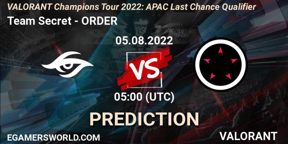 Team Secret contre ORDER : prédiction de match. 05.08.2022 at 05:00. VALORANT, VCT 2022: APAC Last Chance Qualifier