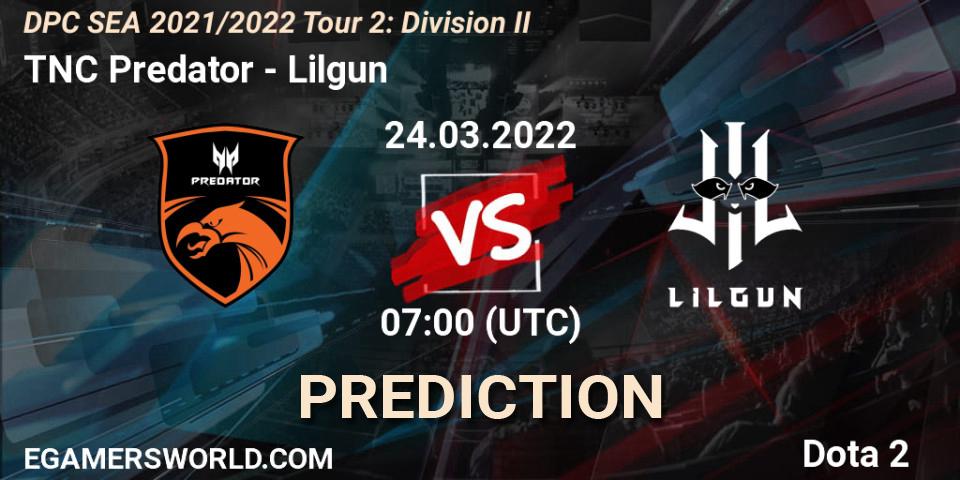 TNC Predator contre Lilgun : prédiction de match. 24.03.2022 at 07:05. Dota 2, DPC 2021/2022 Tour 2: SEA Division II (Lower)