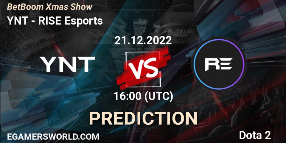 YNT contre RISE Esports : prédiction de match. 21.12.2022 at 16:37. Dota 2, BetBoom Xmas Show