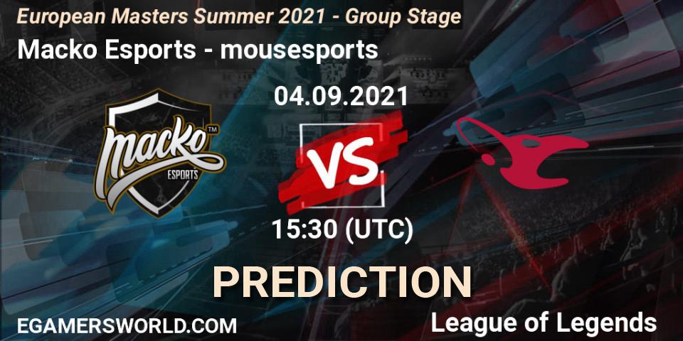 Macko Esports contre mousesports : prédiction de match. 04.09.2021 at 15:30. LoL, European Masters Summer 2021 - Group Stage