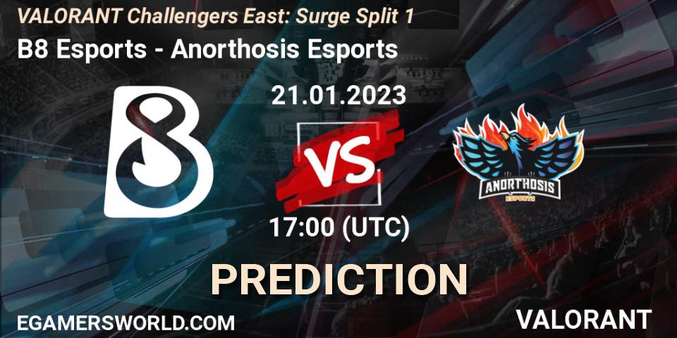 B8 Esports contre Anorthosis Esports : prédiction de match. 21.01.2023 at 17:15. VALORANT, VALORANT Challengers 2023 East: Surge Split 1
