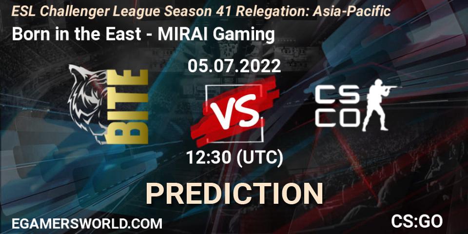 Born in the East contre MIRAI Gaming : prédiction de match. 05.07.2022 at 12:30. Counter-Strike (CS2), ESL Challenger League Season 41 Relegation: Asia-Pacific
