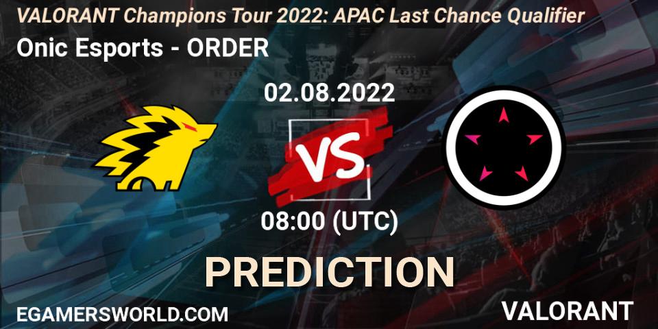 Onic Esports contre ORDER : prédiction de match. 02.08.2022 at 08:00. VALORANT, VCT 2022: APAC Last Chance Qualifier