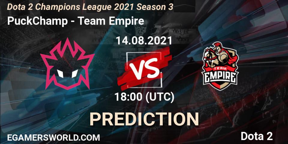PuckChamp contre Team Empire : prédiction de match. 14.08.2021 at 18:00. Dota 2, Dota 2 Champions League 2021 Season 3