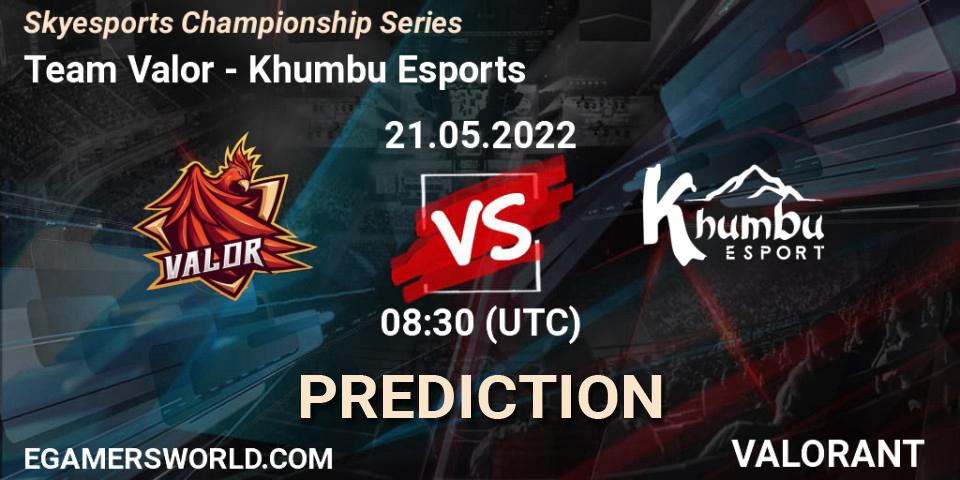 Team Valor contre Khumbu Esports : prédiction de match. 21.05.2022 at 08:30. VALORANT, Skyesports Championship Series