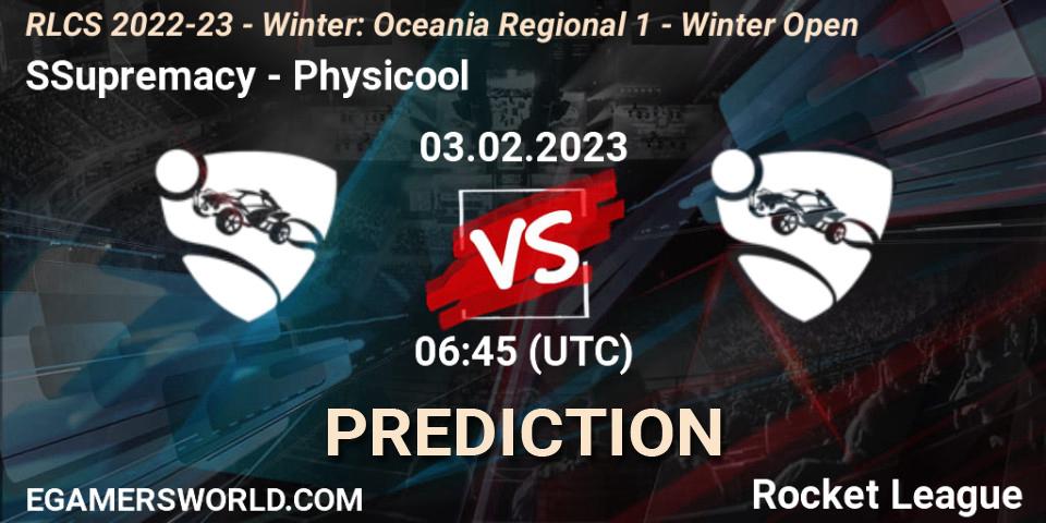 SSupremacy contre Physicool : prédiction de match. 03.02.2023 at 06:45. Rocket League, RLCS 2022-23 - Winter: Oceania Regional 1 - Winter Open