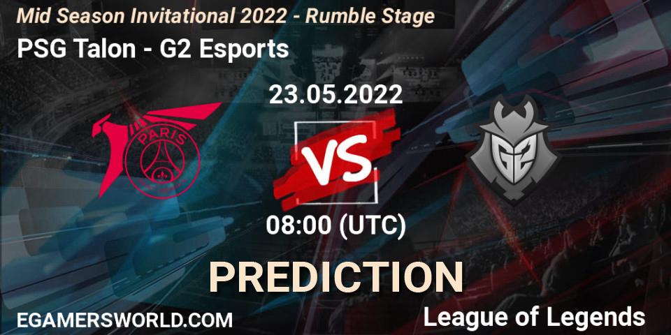 PSG Talon contre G2 Esports : prédiction de match. 23.05.2022 at 08:00. LoL, Mid Season Invitational 2022 - Rumble Stage