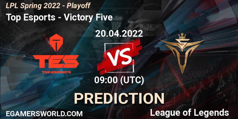 Top Esports contre Victory Five : prédiction de match. 20.04.2022 at 09:00. LoL, LPL Spring 2022 - Playoff