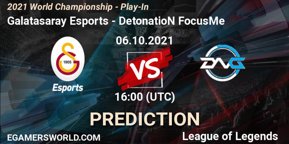 Galatasaray Esports contre DetonatioN FocusMe : prédiction de match. 06.10.2021 at 16:00. LoL, 2021 World Championship - Play-In