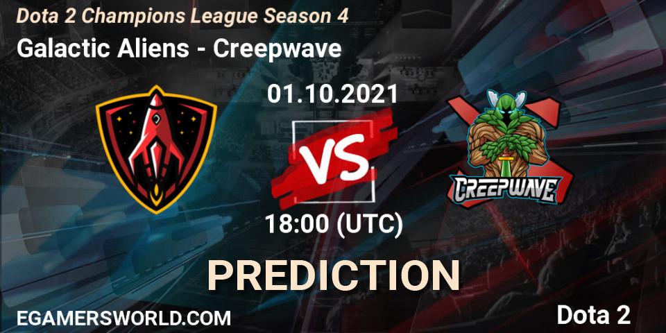 Galactic Aliens contre Creepwave : prédiction de match. 01.10.2021 at 19:15. Dota 2, Dota 2 Champions League Season 4