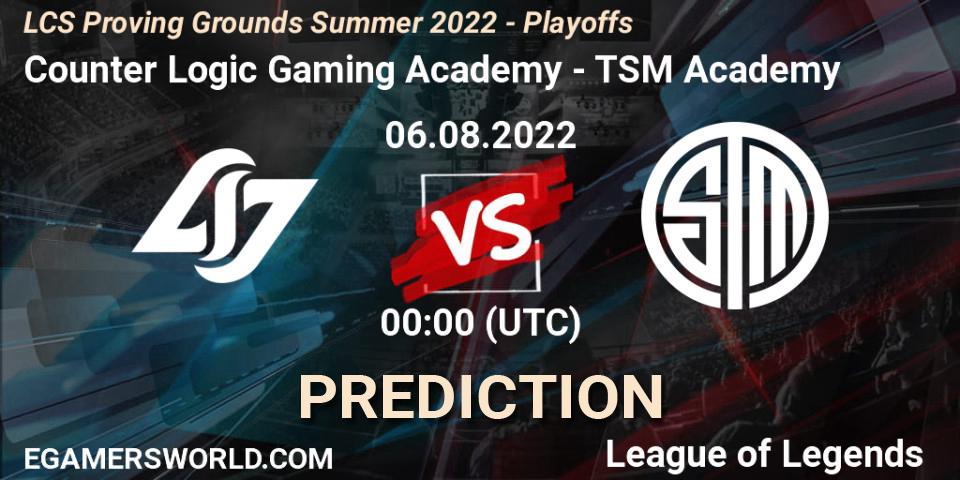 Counter Logic Gaming Academy contre TSM Academy : prédiction de match. 06.08.2022 at 00:00. LoL, LCS Proving Grounds Summer 2022 - Playoffs