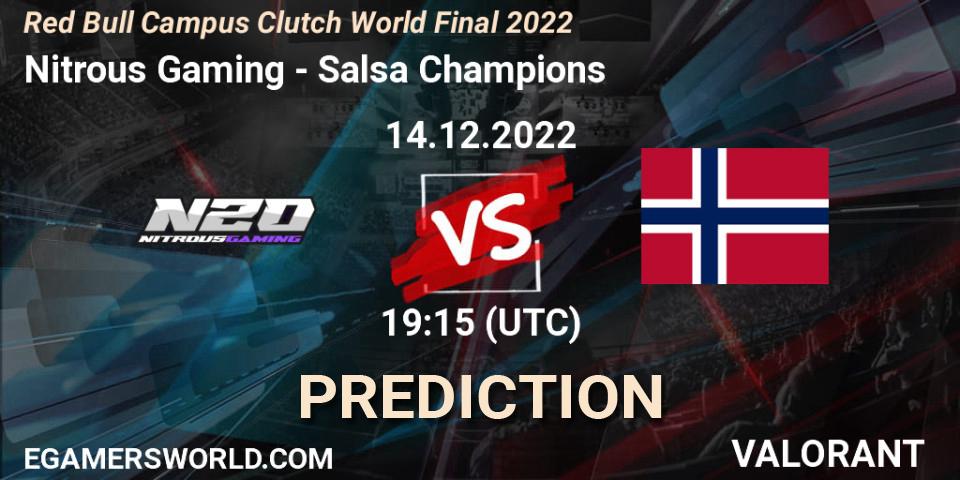 Nitrous Gaming contre Salsa Champions : prédiction de match. 14.12.2022 at 19:15. VALORANT, Red Bull Campus Clutch World Final 2022