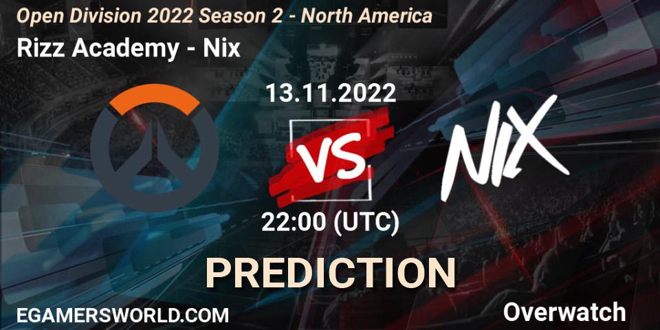 Rizz Academy contre Nix : prédiction de match. 13.11.2022 at 22:00. Overwatch, Open Division 2022 Season 2 - North America